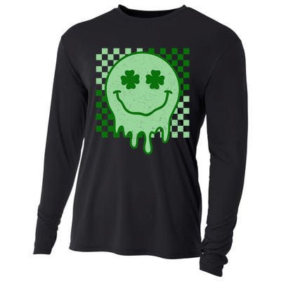 Retro Groovy St Patricks Day Hippie Smile Face Shamrock Cooling Performance Long Sleeve Crew