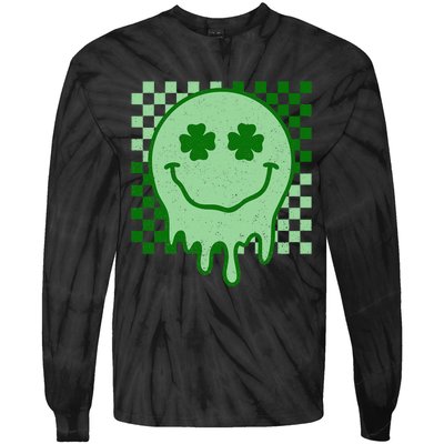 Retro Groovy St Patricks Day Hippie Smile Face Shamrock Tie-Dye Long Sleeve Shirt