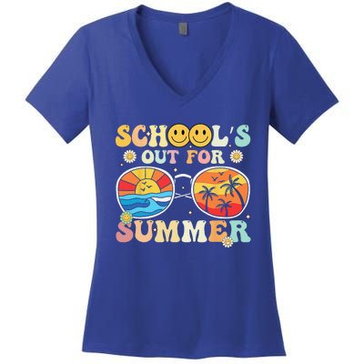 Retro Groovy School's Out For Summer Graduation Teacher Women's V-Neck T-Shirt