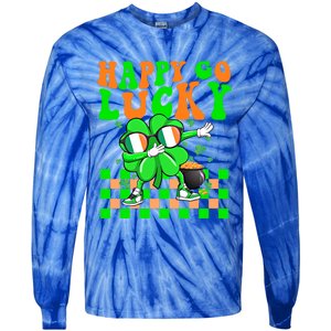 Retro Groovy Shamrock Dabbing Happy Go Lucky St Patricks Day Gift Tie-Dye Long Sleeve Shirt