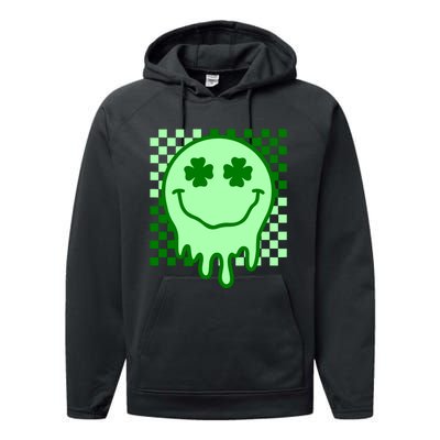 Retro Groovy Smile Face St Patricks Day Hippie Performance Fleece Hoodie