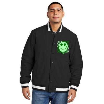 Retro Groovy Smile Face St Patricks Day Hippie Insulated Varsity Jacket