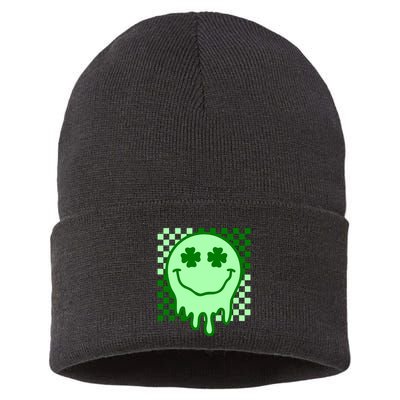 Retro Groovy Smile Face St Patricks Day Hippie Sustainable Knit Beanie