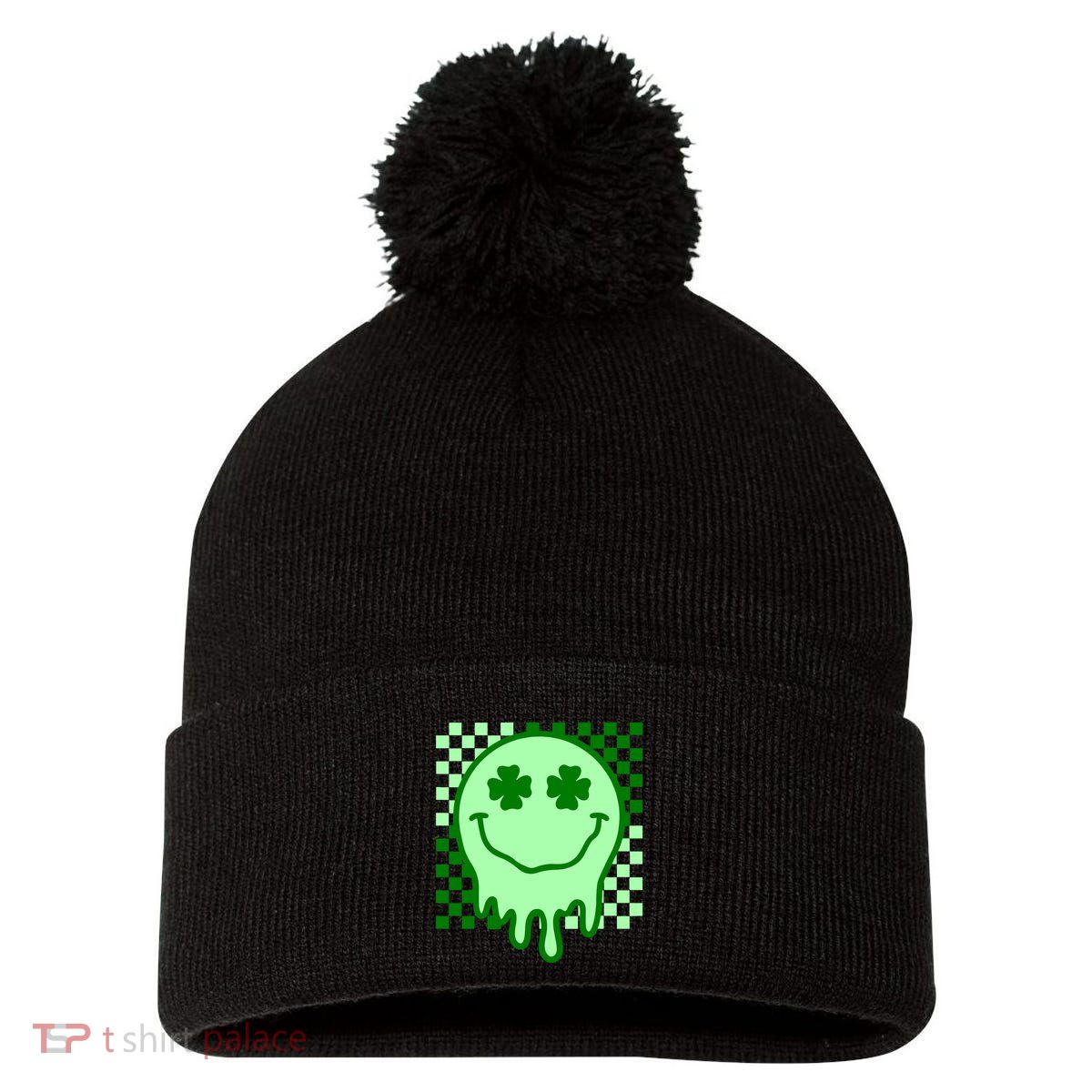Retro Groovy Smile Face St Patricks Day Hippie Pom Pom 12in Knit Beanie