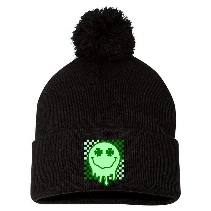 Retro Groovy Smile Face St Patricks Day Hippie Pom Pom 12in Knit Beanie