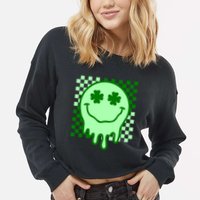 Retro Groovy Smile Face St Patricks Day Hippie Cropped Pullover Crew