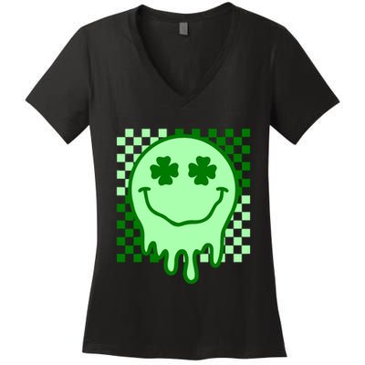 Retro Groovy Smile Face St Patricks Day Hippie Women's V-Neck T-Shirt