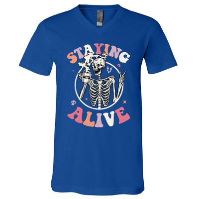 Retro Groovy Skeleton Staying Alive Coffee Halloween Hippie Gift V-Neck T-Shirt