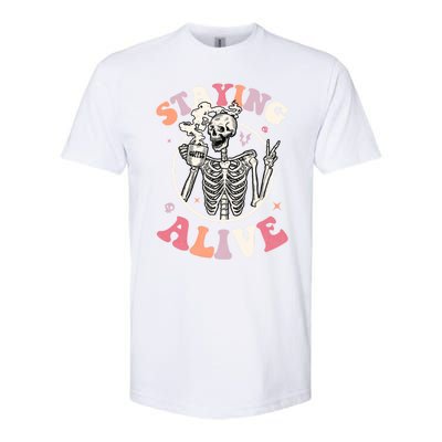 Retro Groovy Skeleton Staying Alive Coffee Halloween Hippie Gift Softstyle® CVC T-Shirt