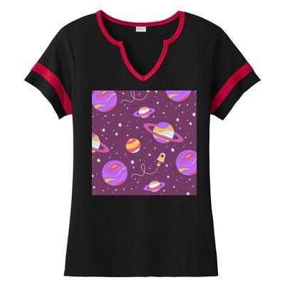 Retro Galaxy Spaceship Ladies Halftime Notch Neck Tee