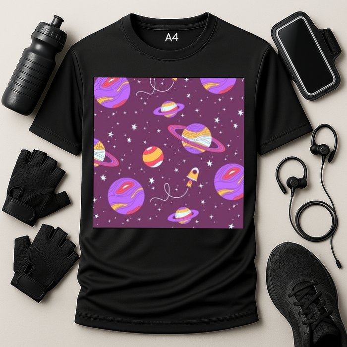 Retro Galaxy Spaceship Cooling Performance Crew T-Shirt