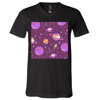 Retro Galaxy Spaceship V-Neck T-Shirt