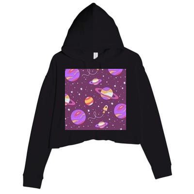 Retro Galaxy Spaceship Crop Fleece Hoodie