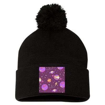 Retro Galaxy Spaceship Pom Pom 12in Knit Beanie