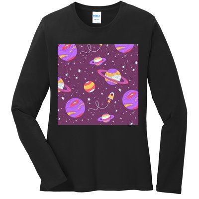 Retro Galaxy Spaceship Ladies Long Sleeve Shirt