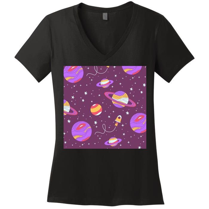 Retro Galaxy Spaceship Women's V-Neck T-Shirt