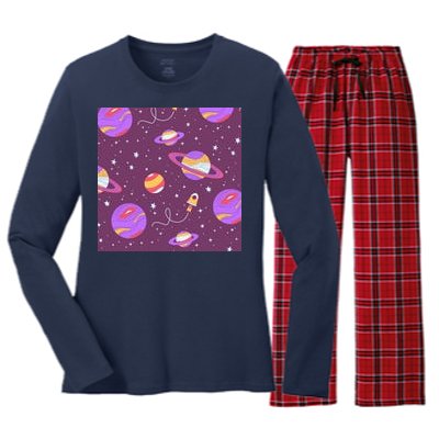 Retro Galaxy Spaceship Women's Long Sleeve Flannel Pajama Set 