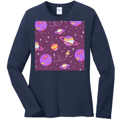 Retro Galaxy Spaceship Ladies Long Sleeve Shirt