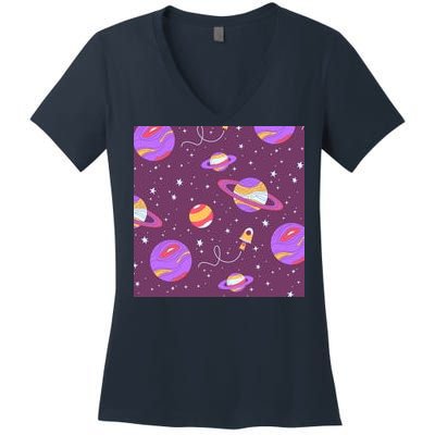 Retro Galaxy Spaceship Women's V-Neck T-Shirt