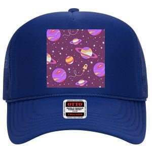 Retro Galaxy Spaceship High Crown Mesh Back Trucker Hat