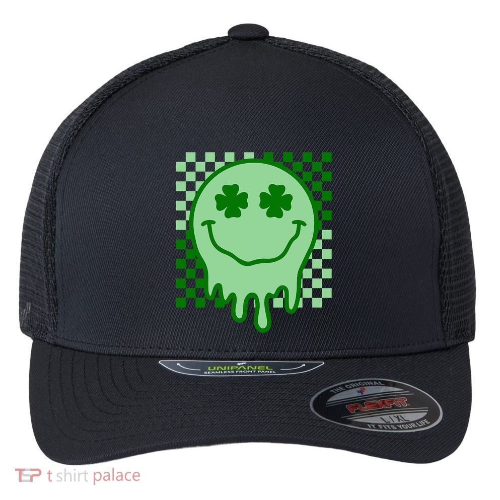Retro Groovy Smile Face St Patricks Day Hippie Flexfit Unipanel Trucker Cap