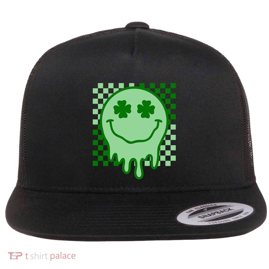 Retro Groovy Smile Face St Patricks Day Hippie Flatbill Hat