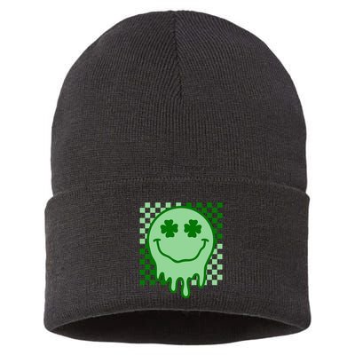 Retro Groovy Smile Face St Patricks Day Hippie Sustainable Knit Beanie