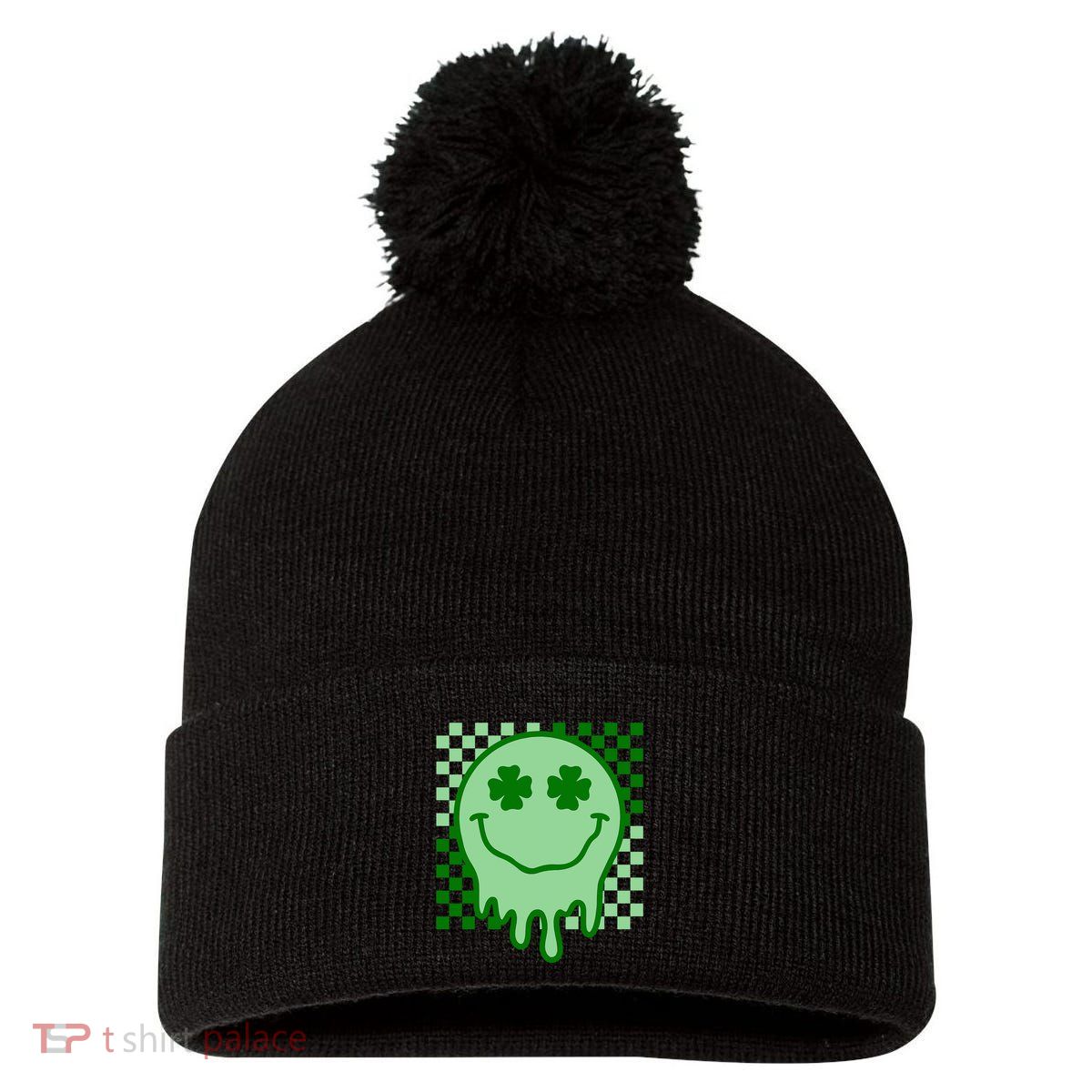 Retro Groovy Smile Face St Patricks Day Hippie Pom Pom 12in Knit Beanie