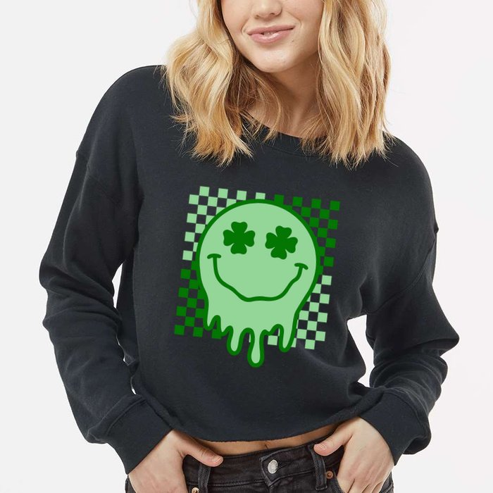 Retro Groovy Smile Face St Patricks Day Hippie Cropped Pullover Crew