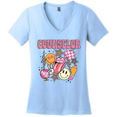 Retro Groovy School Counselor Appreciation Back To School Women's V-Neck T-Shirt