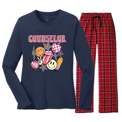 Retro Groovy School Counselor Appreciation Back To School Women's Long Sleeve Flannel Pajama Set 