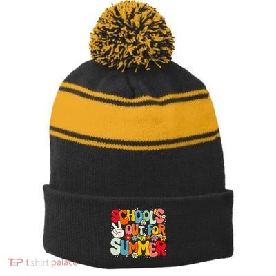 Retro Groovy School's Out For Summer Graduation Teacher Stripe Pom Pom Beanie