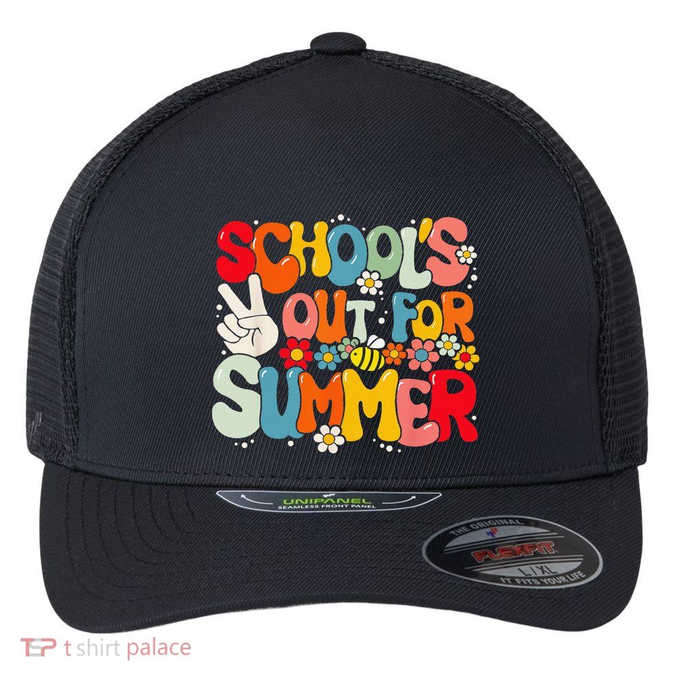 Retro Groovy School's Out For Summer Graduation Teacher Flexfit Unipanel Trucker Cap