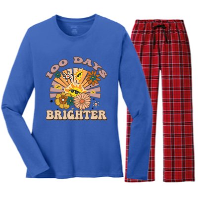 Retro Groovy Sunshine 100 Days Brighter Meaningful Gift Women's Long Sleeve Flannel Pajama Set 