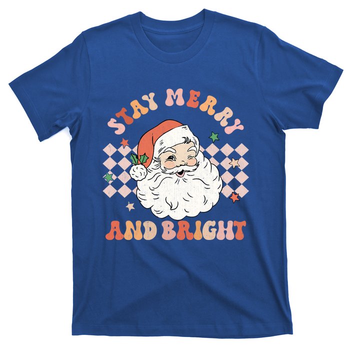 Retro Groovy Stay Merry And Bright Santa Claus Christmas Gift T-Shirt