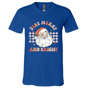 Retro Groovy Stay Merry And Bright Santa Claus Christmas Gift V-Neck T-Shirt