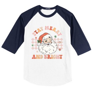 Retro Groovy Stay Merry And Bright Santa Claus Christmas Gift Baseball Sleeve Shirt