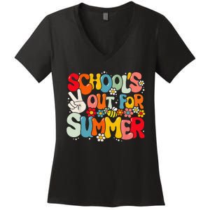 Retro Groovy School's Out For Summer Graduation Teacher Women's V-Neck T-Shirt