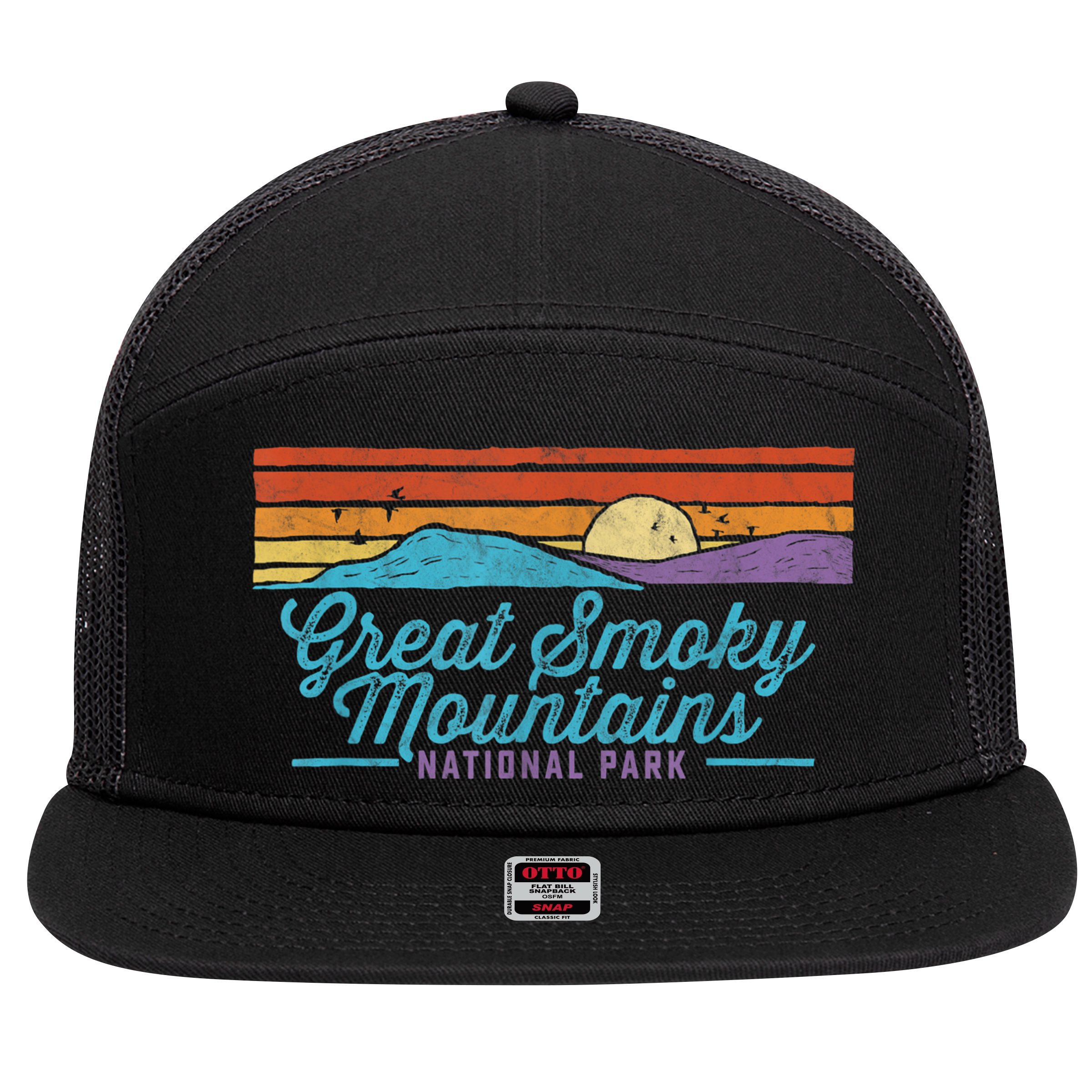 Retro Great Smoky Mountains National Park 7 Panel Mesh Trucker Snapback Hat
