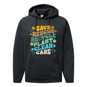 Retro Groovy Save Bees Rescue Animals Recycle Fun Earth Day Performance Fleece Hoodie