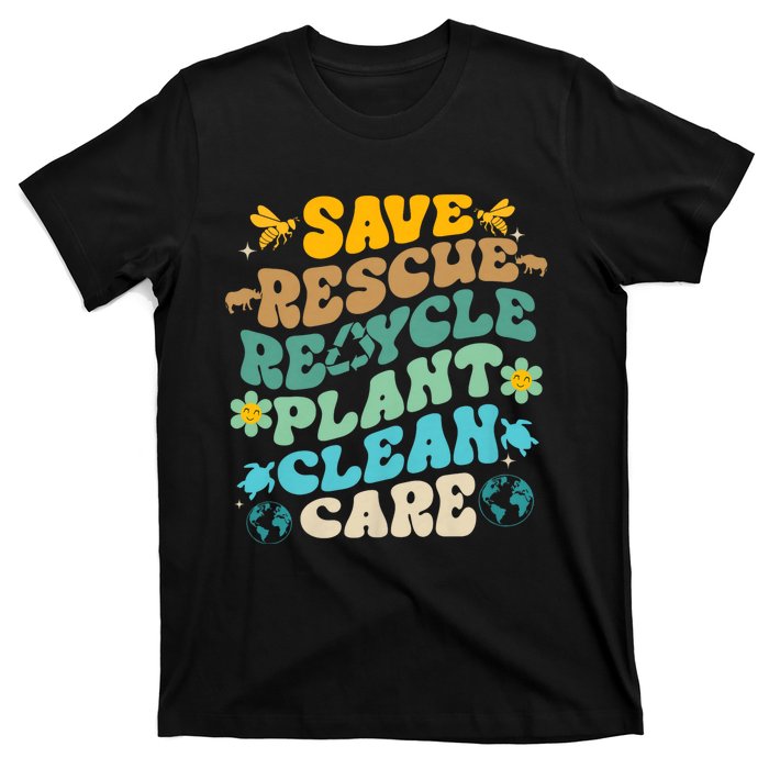 Retro Groovy Save Bees Rescue Animals Recycle Fun Earth Day T-Shirt