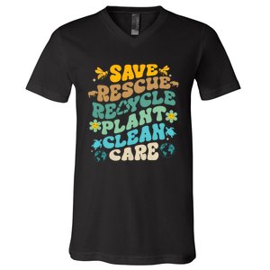 Retro Groovy Save Bees Rescue Animals Recycle Fun Earth Day V-Neck T-Shirt