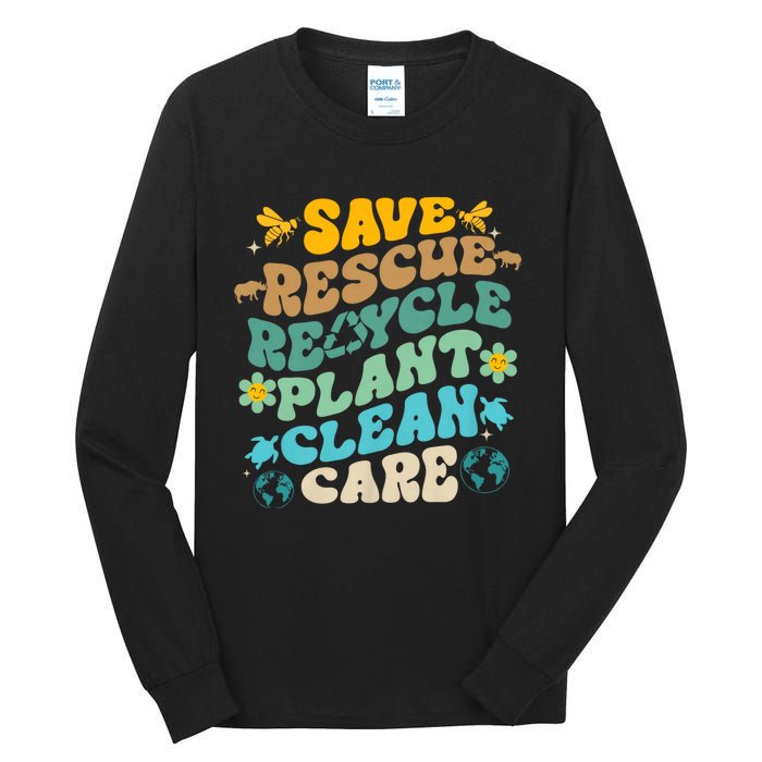 Retro Groovy Save Bees Rescue Animals Recycle Fun Earth Day Tall Long Sleeve T-Shirt