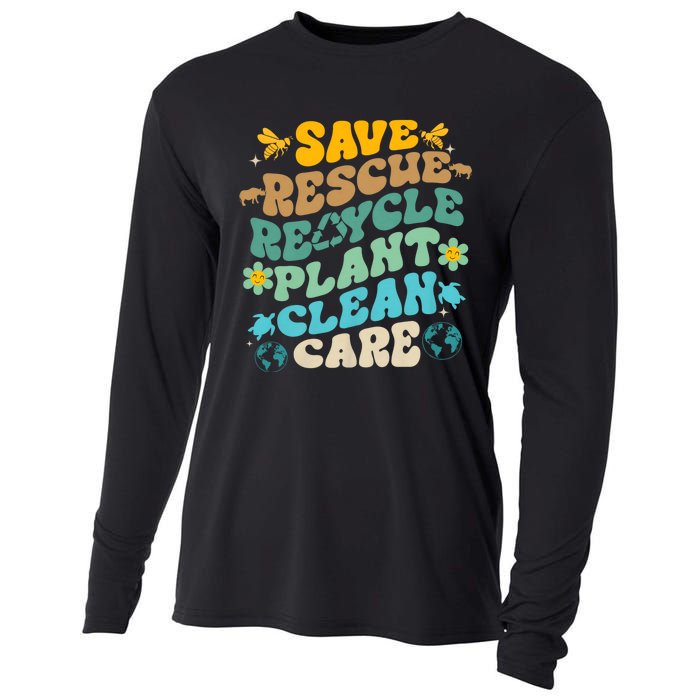 Retro Groovy Save Bees Rescue Animals Recycle Fun Earth Day Cooling Performance Long Sleeve Crew