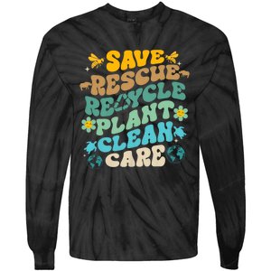 Retro Groovy Save Bees Rescue Animals Recycle Fun Earth Day Tie-Dye Long Sleeve Shirt