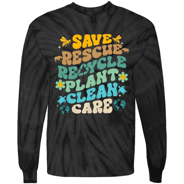 Retro Groovy Save Bees Rescue Animals Recycle Fun Earth Day Tie-Dye Long Sleeve Shirt