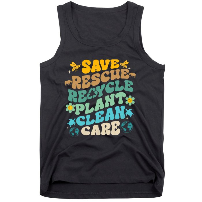 Retro Groovy Save Bees Rescue Animals Recycle Fun Earth Day Tank Top