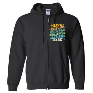 Retro Groovy Save Bees Rescue Animals Recycle Fun Earth Day Full Zip Hoodie