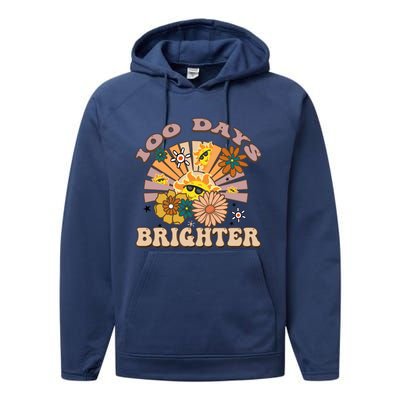 Retro Groovy Sunshine 100 Days Brighter Gift Performance Fleece Hoodie