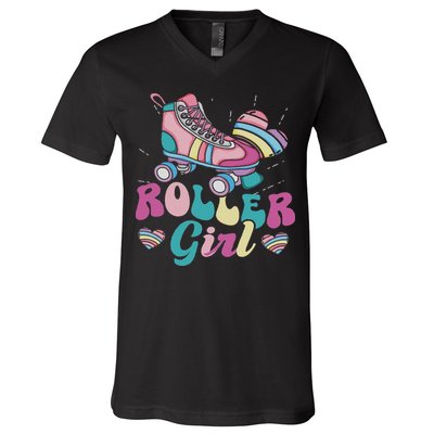 Roller Girl Skater Skating Retro Vintage 70s 80s 90s Skates V-Neck T-Shirt